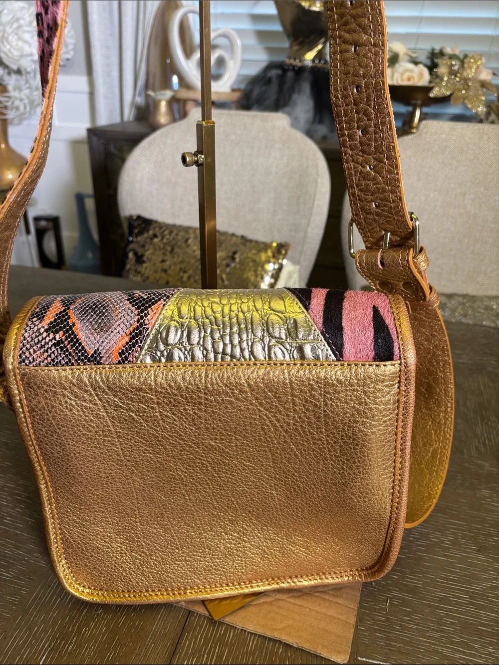 Paul Marius LaSacoche Leathe Gold-Trim Pink Patchwork Animal Print Crossbody Bag